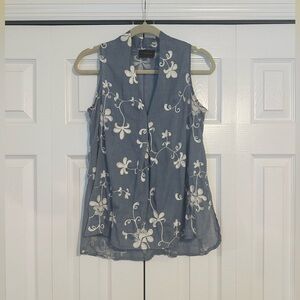 Cornflower Blue. Floral Embroidered Sleeveless Blouse. Size medium